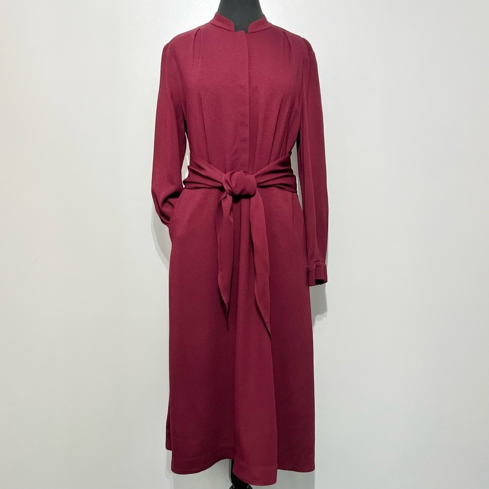 The Fold Remington Belted Jacquard Dress in berry